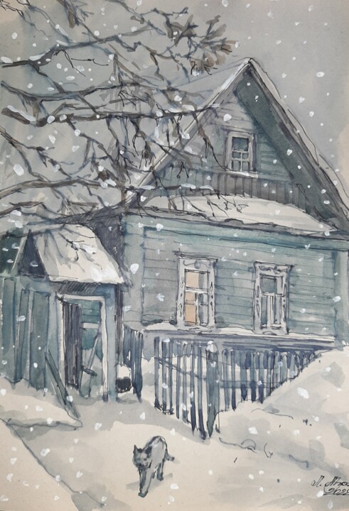 「Снег идёт」というタイトルの描画 Лилия Мустафина-Хазиеваによって, オリジナルのアートワーク, 水彩画