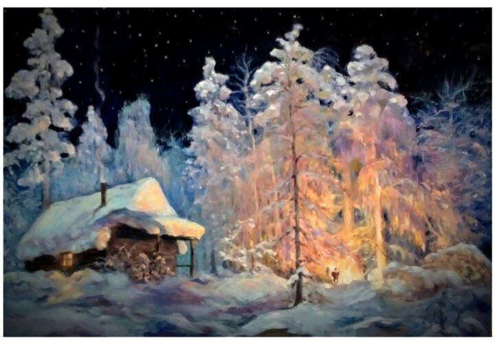 Painting titled "Костер в зимнем лесу" by Liliana Kovkhuto, Original Artwork, Oil Mounted on artwork_cat.