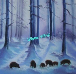 Painting titled "Sanglier dans la ne…" by Liliane Yenk, Original Artwork