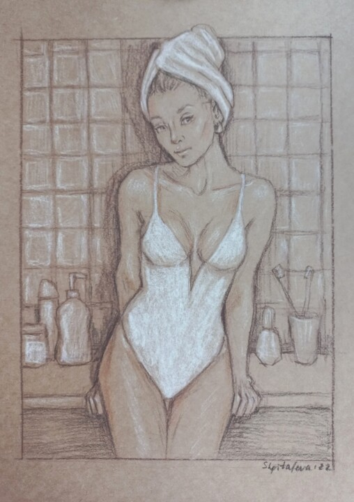 Drawing titled "In bathroom" by Liliia Shpitaleva, Original Artwork, Charcoal