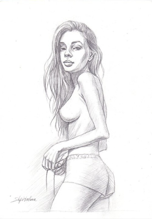 Zeichnungen mit dem Titel "Half-naked" von Liliia Shpitaleva, Original-Kunstwerk, Bleistift