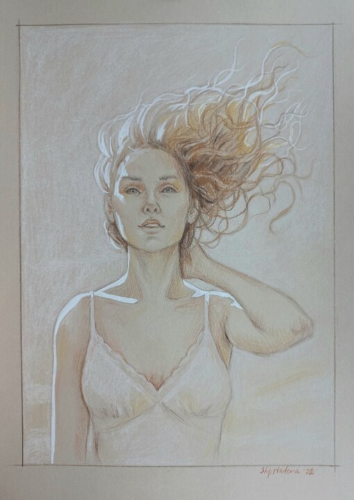 Drawing titled "In the wind" by Liliia Shpitaleva, Original Artwork, Conté