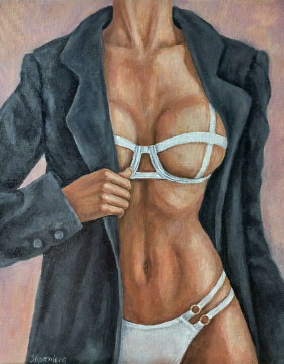 Painting titled "Dressing" by Liliia Shpitaleva, Original Artwork, Oil Mounted on Cardboard
