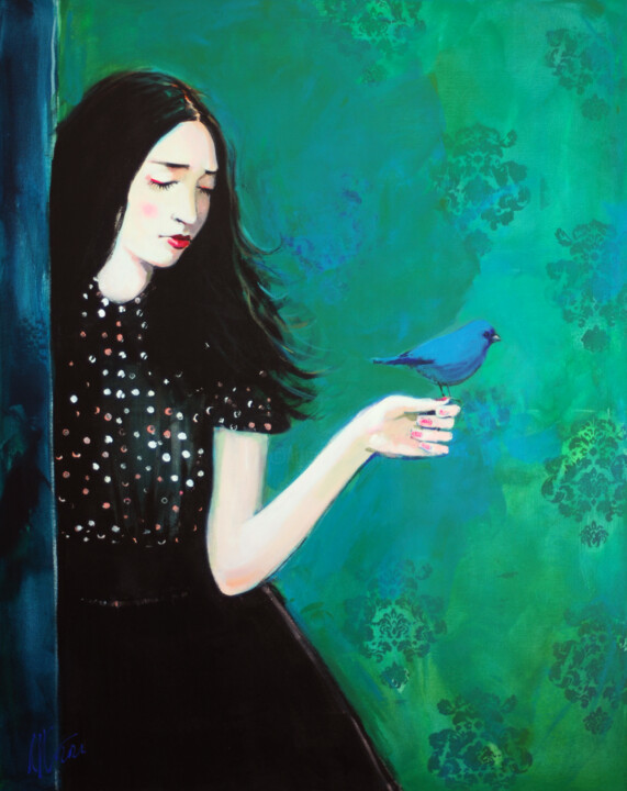 Pintura titulada "Woman and Bird" por Liliya Nikolova, Obra de arte original, Acrílico
