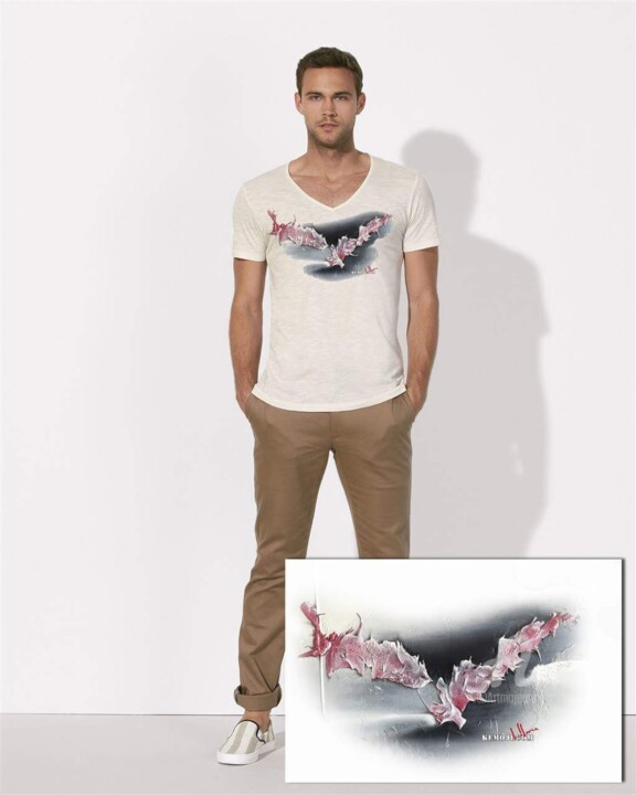 Sztuka tkaniny zatytułowany „T-shirt col V "Tama…” autorstwa Lilou Sauvegrain (Kemoji), Oryginalna praca, Męska odzież