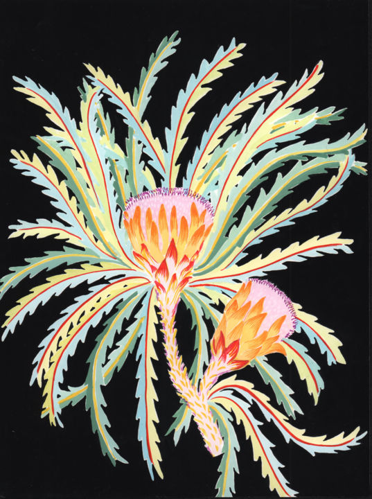 Peinture intitulée "Fleur Banksia Protea" par Lil Sire, Œuvre d'art originale, Gouache