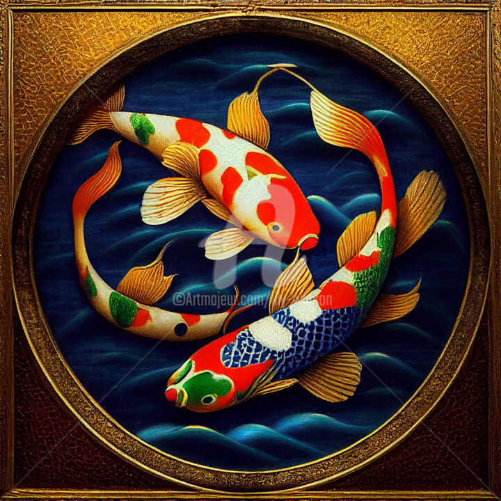 Tekening getiteld "Vintage Koi Fish Pa…" door Lily Watson, Origineel Kunstwerk, Digitaal Schilderwerk