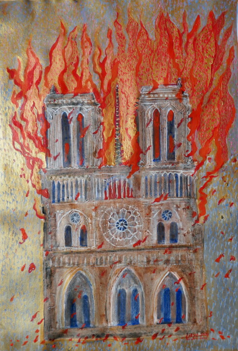 Painting titled "Fire in Notre Dame" by Lilya P Dear, Original Artwork, Acrylic Mounted on Wood Stretcher frame