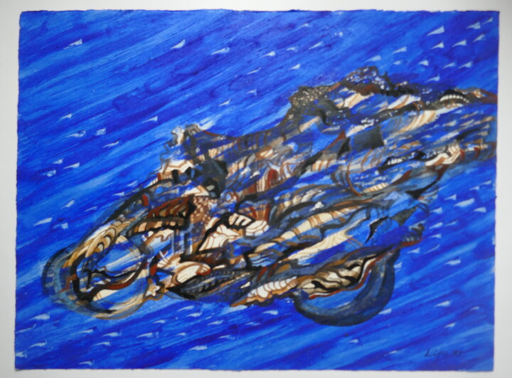 Painting titled "Blue Moto Rider" by Lilya P Dear, Original Artwork, Acrylic Mounted on Wood Panel