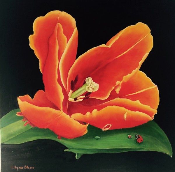 Schilderij getiteld "Tulp van Oranje" door Lily Van Bienen, Origineel Kunstwerk, Olie