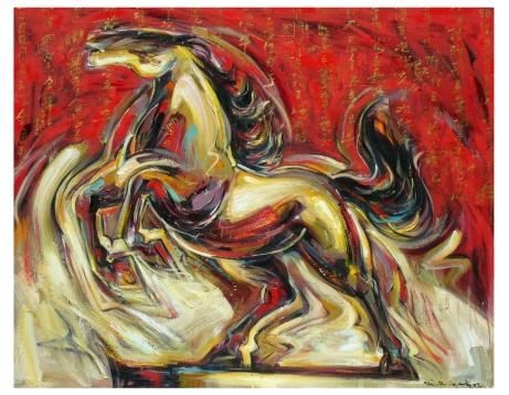 Schilderij getiteld "ancient horses 1" door Ah Cheng Lim, Origineel Kunstwerk
