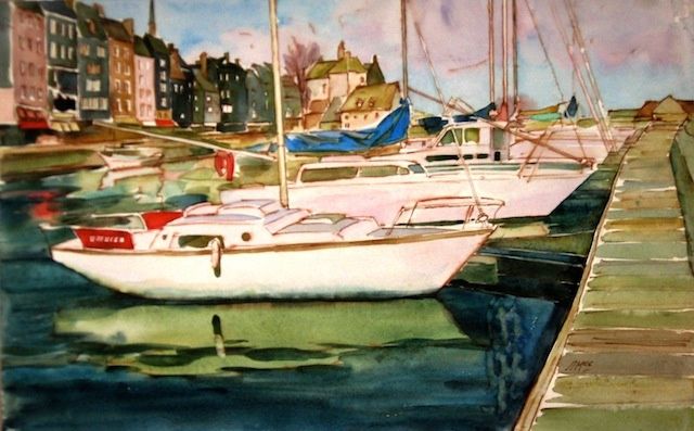 Peinture intitulée "Яхты.Онфлёр (Boats.…" par Lilia Muratova, Œuvre d'art originale, Aquarelle