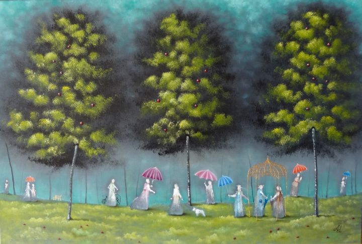 Malerei mit dem Titel "Incantation of rain" von Lina Alchimavičienė, Original-Kunstwerk, Öl