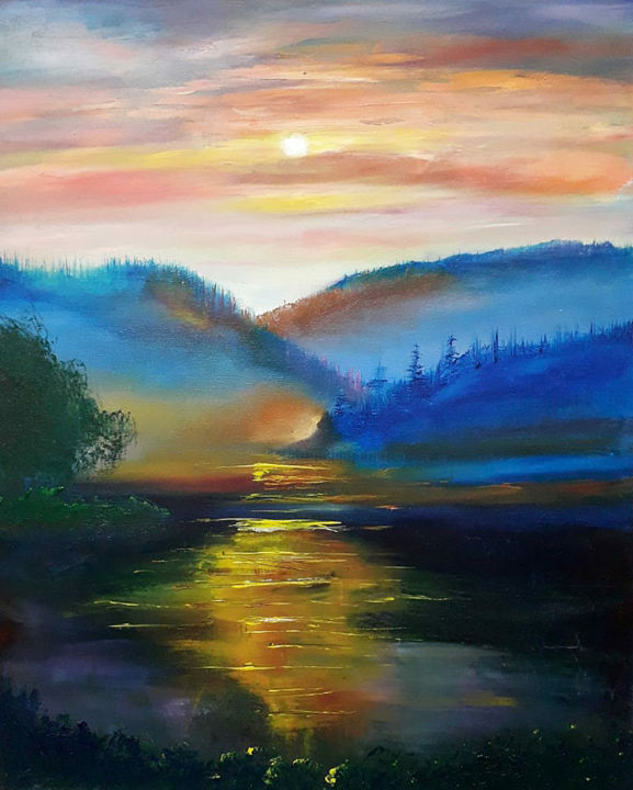 Painting titled "At sunset" by Lina Bobrovnik, Original Artwork, Oil