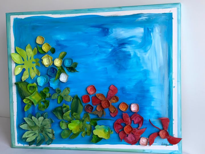 Malerei mit dem Titel "Emerging Sea Flowers" von Lina Alves, Original-Kunstwerk, Collagen Auf Holzplatte montiert