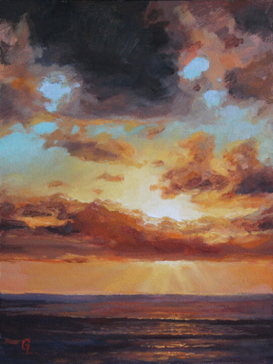 Painting titled "SEA SUNSET" by Linar Ganeew, Original Artwork, Oil