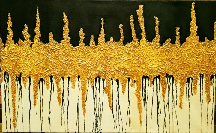 Malarstwo zatytułowany „Gold flowers” autorstwa Linara Akmeyeva, Oryginalna praca, Akryl Zamontowany na Drewniana rama noszy