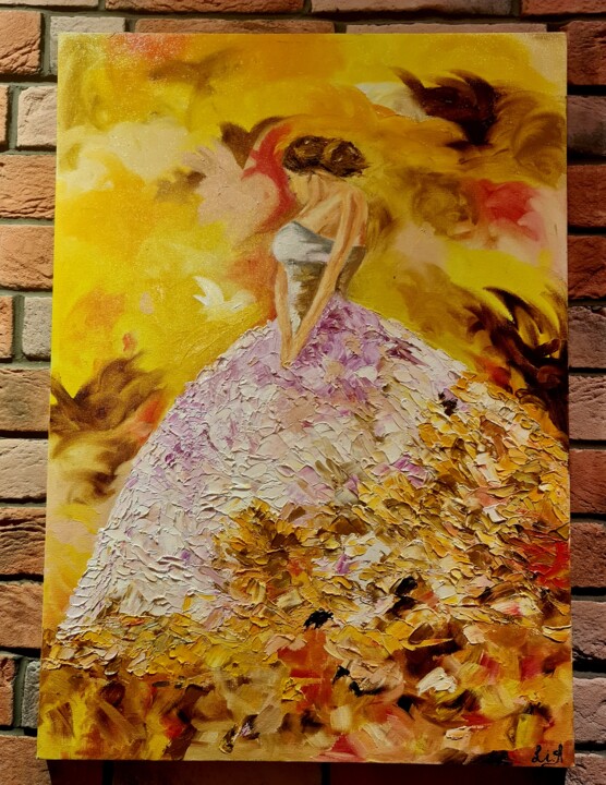 Schilderij getiteld "autumn girl" door Linara Akmeyeva, Origineel Kunstwerk, Olie