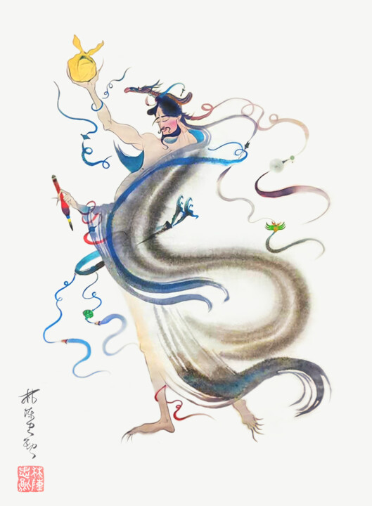Painting titled "God of culture and…" by Lin Chen Zhong Xun (Linchen Chung Hsun), Original Artwork, Ink