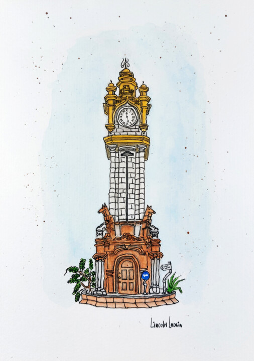 Painting titled "Exeter Clocktower" by Lincoln Ladeia, Original Artwork, Watercolor