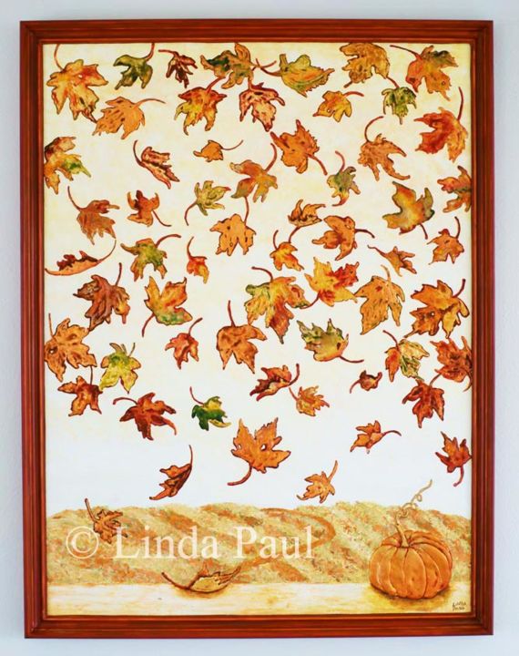 Malerei mit dem Titel "Autumn Leaves conte…" von Linda Paul, Original-Kunstwerk, Pigmente