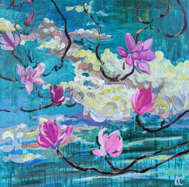 Painting titled "Magnolia pour toujo…" by Linda Clerget, Original Artwork, Acrylic Mounted on Wood Stretcher frame