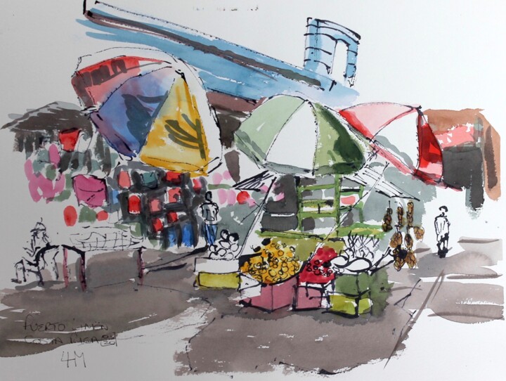 Painting titled "Market Stall -Puert…" by Linda H Matthews, Original Artwork, Watercolor