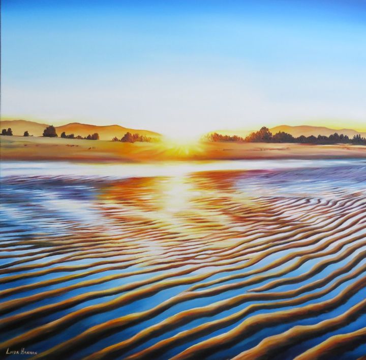 Painting titled "Motueka Sunset" by Linda Hannan, Original Art, Oil Mounted on Stretcher frame