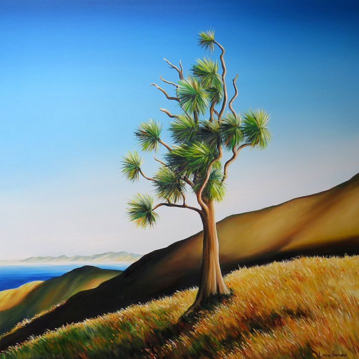 Painting titled "Cabbage Tree - Ti k…" by Linda Hannan, Original Art, Oil Mounted on Stretcher frame