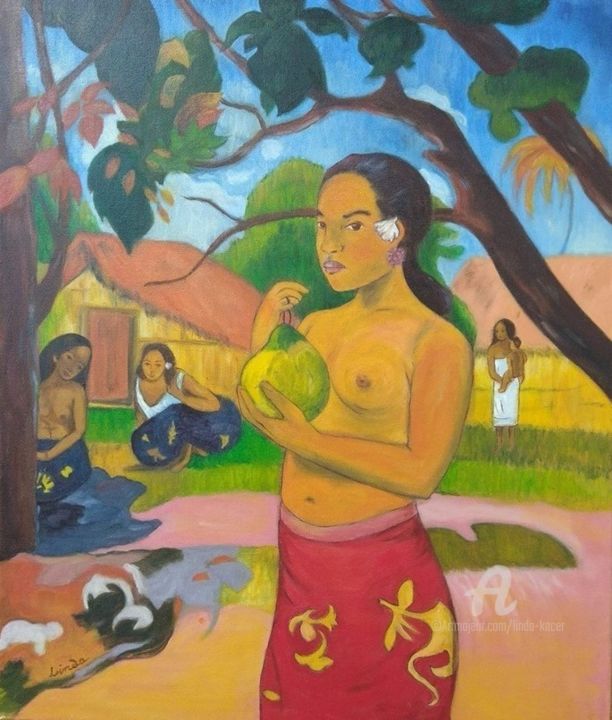 Pittura intitolato "gauguin-femme-mangu…" da Linda Kacer, Opera d'arte originale, Olio
