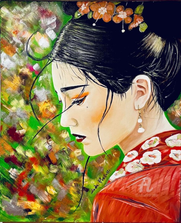 Schilderij getiteld "Fleurs du Japon" door Linda Portelli, Origineel Kunstwerk, Olie