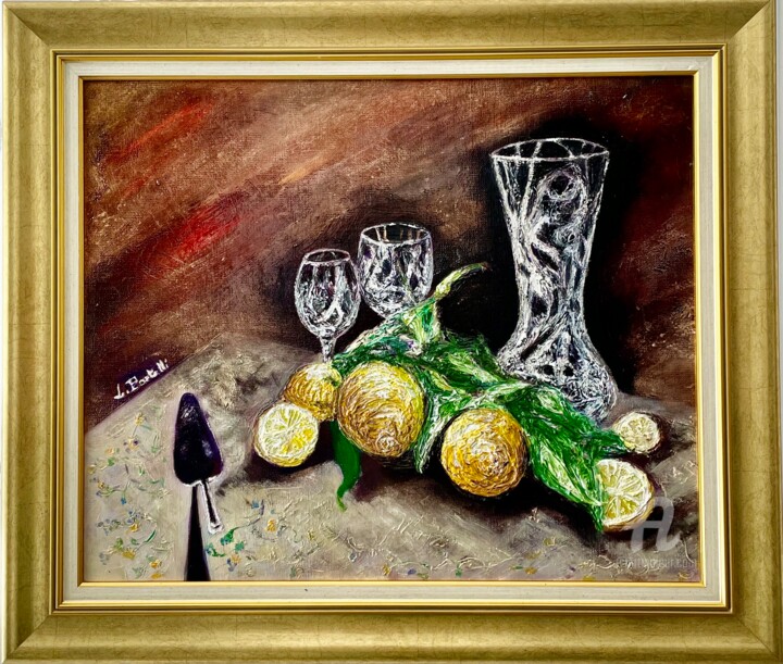 Schilderij getiteld "Citrons et Cristal…" door Linda Portelli, Origineel Kunstwerk, Olie Gemonteerd op Frame voor houten bra…