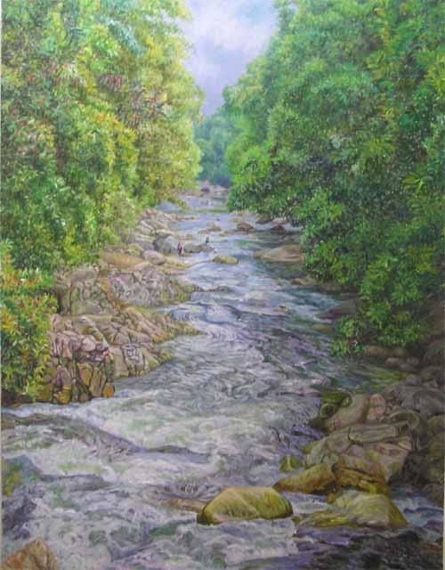 Peinture intitulée "Chamang Waterfall I…" par Linda Chen, Œuvre d'art originale