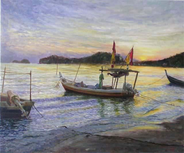 Malarstwo zatytułowany „Sunset - Teluk Bayu…” autorstwa Linda Chen, Oryginalna praca, Olej