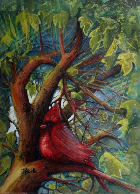 Peinture intitulée "Le cardinal" par Linda Labelle, Œuvre d'art originale, Encre