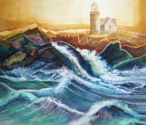 Painting titled "Le phare" by Linda Labelle, Original Artwork, Watercolor