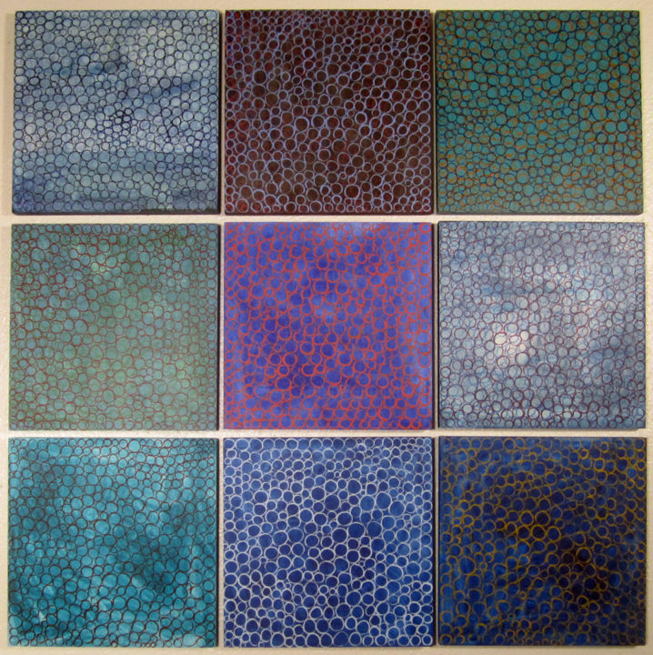 Painting titled "9 Blue Panels" by Linda Rosenfield, Original Artwork, Oil