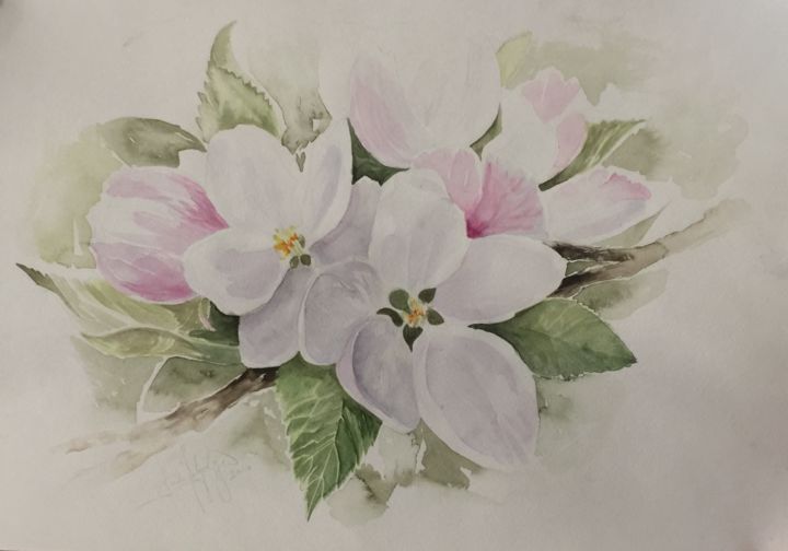 제목이 "White blossom"인 미술작품 L.Jakobsson로, 원작, 수채화