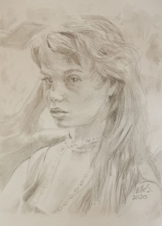 Drawing titled "Young Brigitte" by Linda Schneider, Original Artwork, Graphite