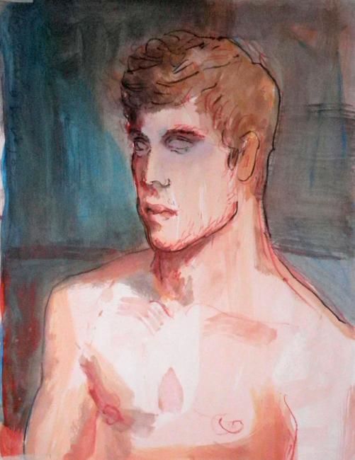 Painting titled "nude boy with green…" by Linearion, Original Artwork, Oil