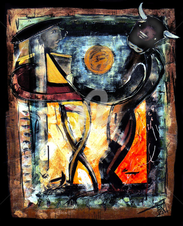 Painting titled "La danse du minotau…" by Line Bautista, Original Artwork, Acrylic Mounted on Wood Stretcher frame