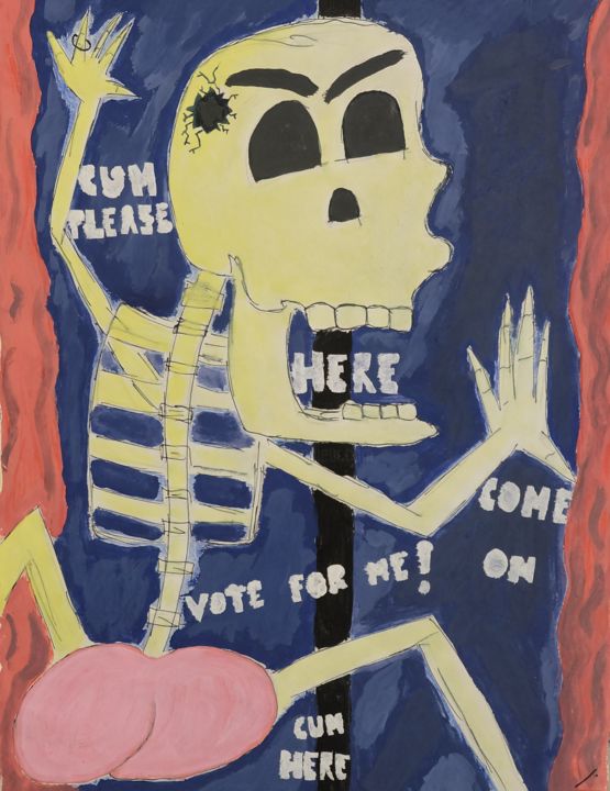 Schilderij getiteld "Fat-ass Skeleton" door Linedot, Origineel Kunstwerk, Acryl Gemonteerd op Houten paneel