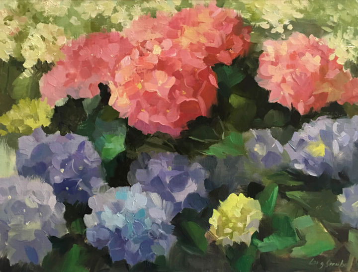 Painting titled "Happy Hydrangea" by Ling Strube, Original Artwork, Oil