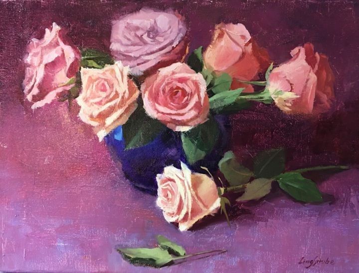 Painting titled "Rose Bouquet #" by Ling Strube, Original Artwork, Oil