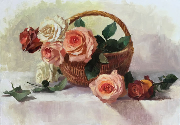 Painting titled "Rose Basket" by Ling Strube, Original Artwork, Oil