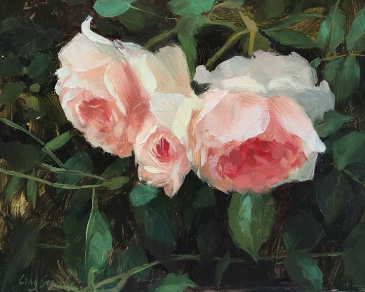 Pittura intitolato "Garden Rose (framed)" da Ling Strube, Opera d'arte originale, Olio