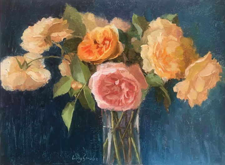 Painting titled "Rose Bouquet" by Ling Strube, Original Artwork, Oil