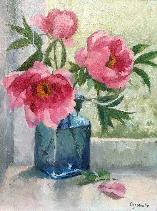 Painting titled "Peony by Widow" by Ling Strube, Original Artwork, Oil