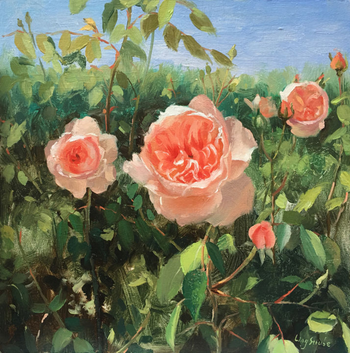 Painting titled "Rose Garden #5" by Ling Strube, Original Artwork, Oil