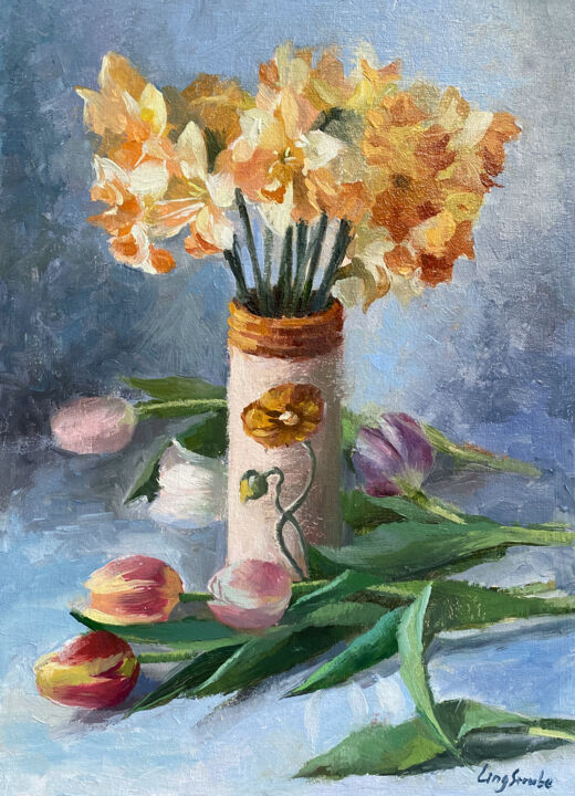 Malerei mit dem Titel "Daffodil Bouquet" von Ling Strube, Original-Kunstwerk, Öl